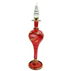 Egyptian Glass Red Gold Tone Accent Perfume Container Mouthblown Bottle 8.5-inch